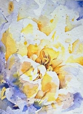 Aquarellbild einer Pfingstrose in expressiven Gelb- und Lilatönen